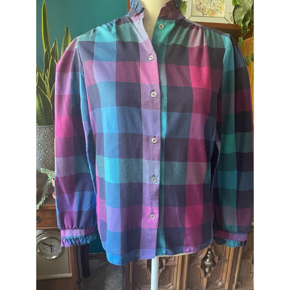 VTG Colorful Buffalo Plaid Womens Long-Sleeve Button Up Shirt Sm Ruffled Collar - Picture 1 of 5